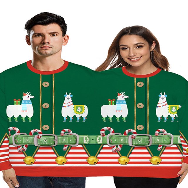 Two Person Christmas Pullover Couple Long Sleeve Cartoon Pattern Neck Novelty One-Piece Tops
