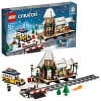 LEGO Creator Expert Winter Village Station 10259 set featuring a festive train station with a removable roof, detailed interior, and accessories like buildable wreaths, wrapped gifts, and a cozy coffee shop. Includes 5 minifigures: a bus driver, barista, grandmother, child, and ticket agent. Comes with a bus, 4 straight track pieces, and elements like a printed ticket and clock-face shields. The station measures over 7 inches high, 11 inches wide, and 5 inches deep. Compatible with the LEGO Creator Expert 10254 Winter Holiday Train.