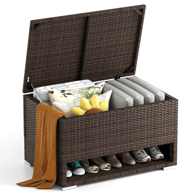 Costway Coffre de Terrasse de 48 Gallons avec Étagère à Chaussures, Doublure Imperméable, Couvercle, Boîte de Rangement Extérieure