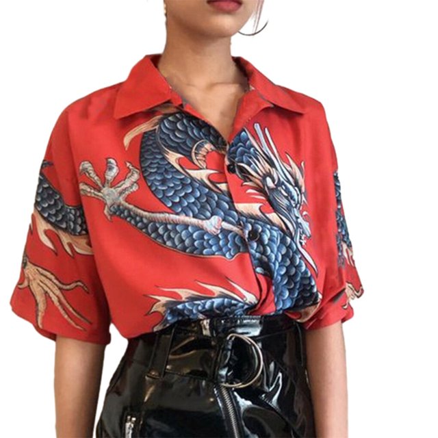 pitrice Hawaiian Beach Shirt Buttoned Short Sleeve Simple Dragon Pattern Top Breathable Ethnic Style T-shirt Outdoor Holiday Red XXL