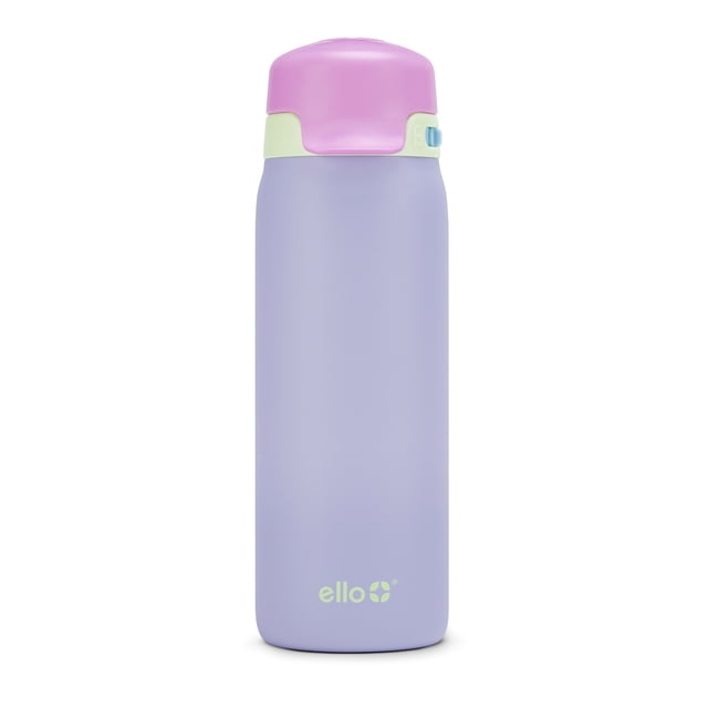 Ello Flip & Fill 18 oz stainless steel water bottle in pastel purple with a pink flip-up lid and light green locking mechanism, featuring double wall insulation to keep drinks cold, a leakproof one-touch flip lid, and dishwasher safe parts for easy cleaning.