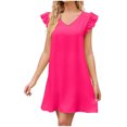 thumbnail image 2 of Robes pour Femmes 2024 Été Surdimensionnée Tempérament Douce Col en V Manches Bouffantes Couleur Unie Robe Confortable Robe Courte Rabais de 50 % Liquidation!, 2 of 7