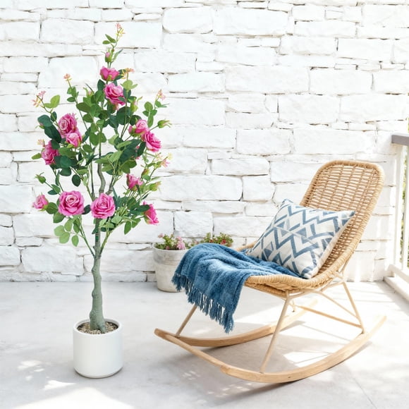 4FT Artificial Rose Tree, Potted Faux Floral Tree with Lush Silk Leaves for Indoor Home Office and Entryway Decor