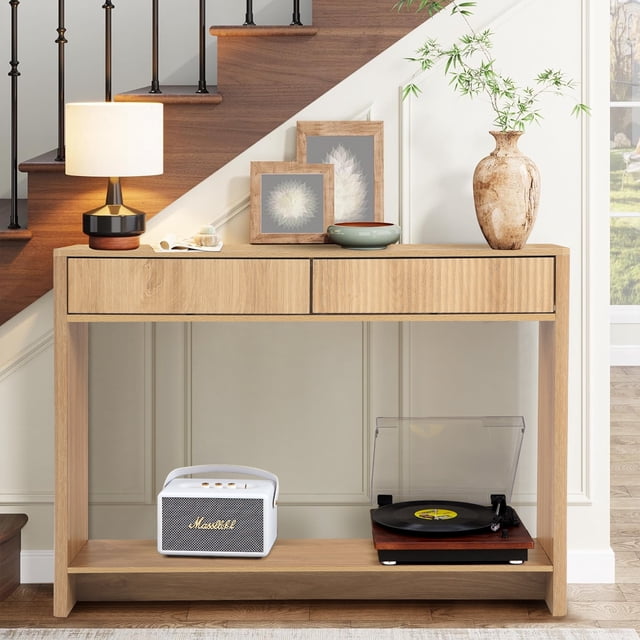 Wirrytor Console Table with Storage, Modern Sofa Table for Living Room, Narrow Sofa Table with Wood 2 Drawer and Open Storage Shelf, Hallway Table and Couch Table Behind Sofa,Natural
