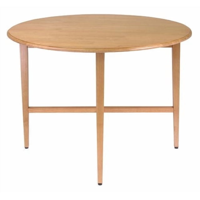 Hannah Double Drop Leaf Dining Table in light oak finish with a 42-inch round solid wood top and four straight legs connected by horizontal supports, ideal for small dining spaces and suitable for extra guest seating or craft use.