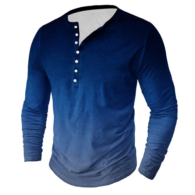 Men's Printing Button Casual Long Sleeve Round-Neck Blouses Shirts RXIRUCGD Bleu, Taille: L