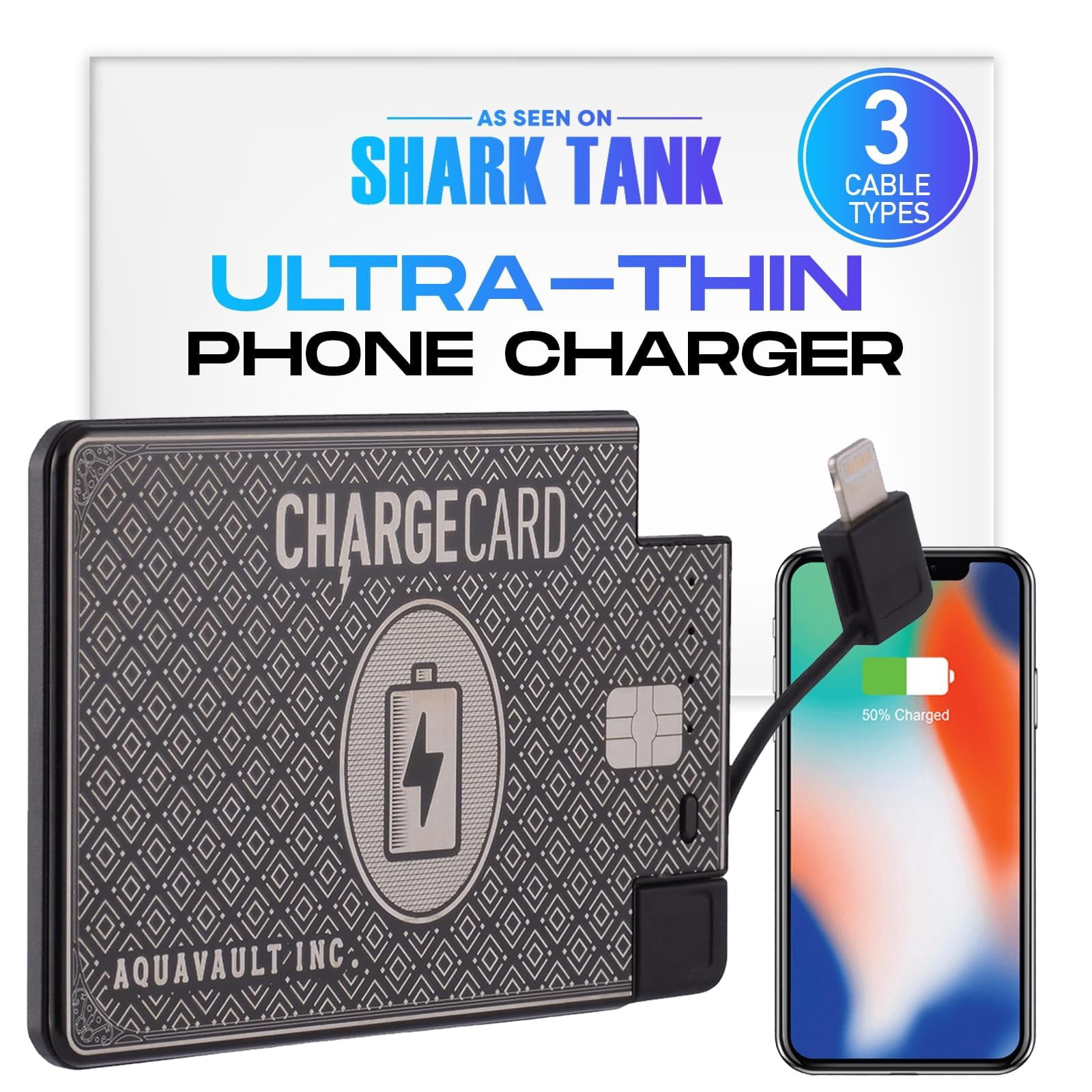 Ultra Thin Emergency Phone Charger. Portable Power Bank that Fits in Your Wallet. Works with All Phones. 2300mAh &1.5A Fast Charge. Built in Cables (Lightning, USB-C, Micro USB)
