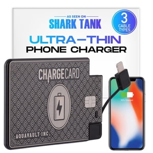 Ultra Thin Emergency Phone Charger. Portable Power Bank that Fits in Your Wallet. Works with All Phones. 2300mAh &1.5A Fast Charge. Built in Cables (Lightning, USB-C, Micro USB)