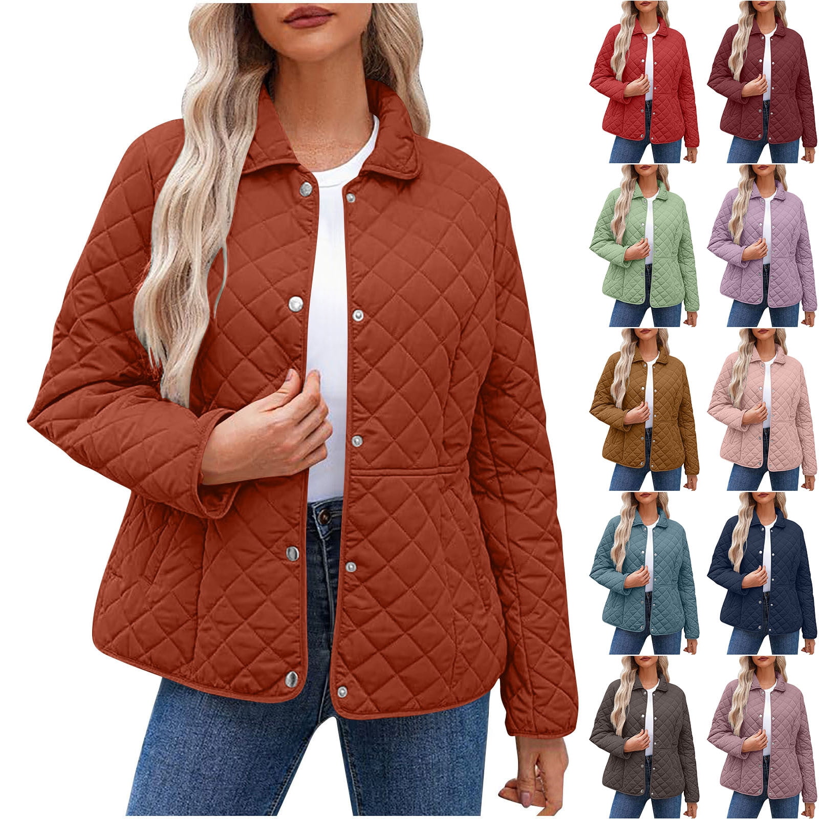 YOIAVAIOY Women Lightweight Quilted Jacket Lightweight Long Sleeve Button Down Puffer Jacket Oversized Casual Winter Coats with Pocket Red L