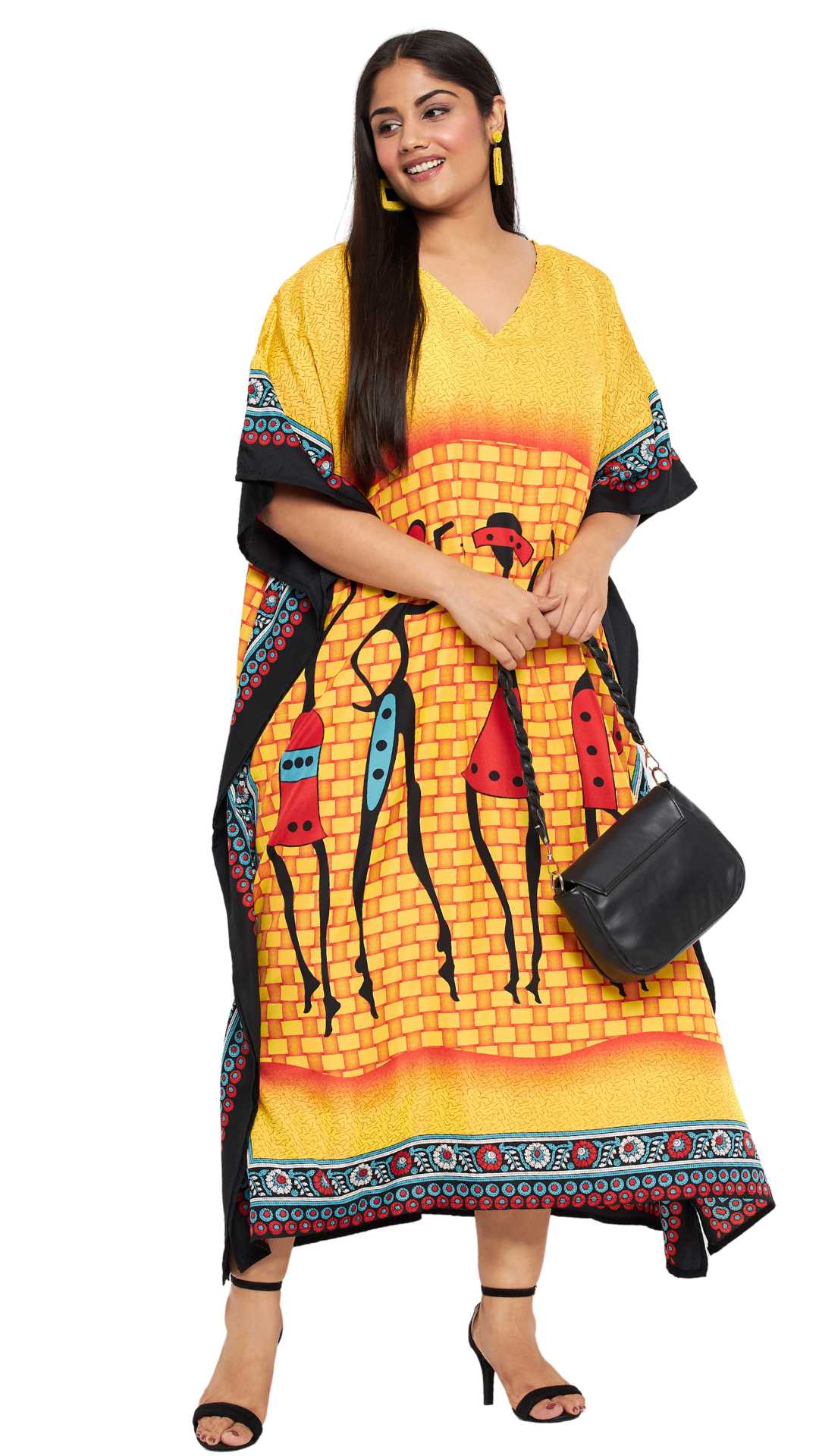 Oussum Jaune Tribal Grande Taille Polyester Longues Robes Caftan pour Femmes