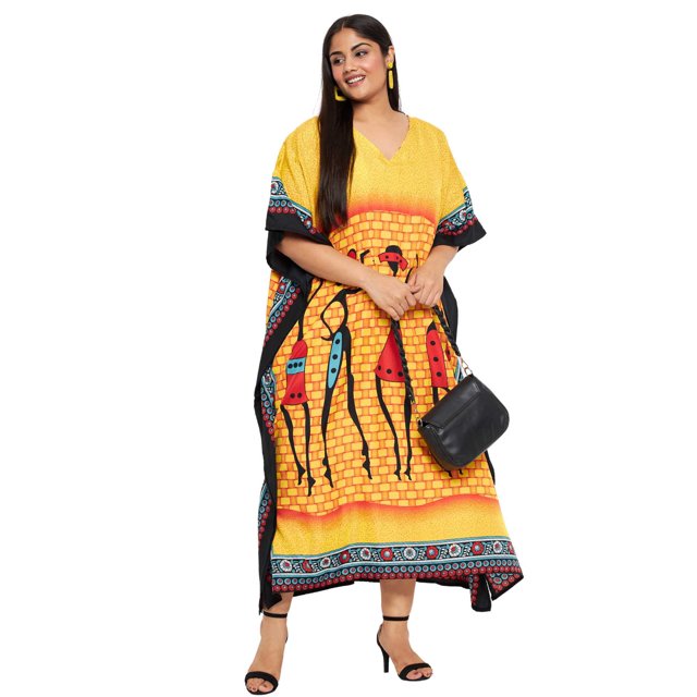 Oussum Jaune Tribal Grande Taille Polyester Longues Robes Caftan pour Femmes