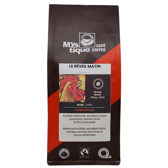 Mystique Coffee, LE RÉVEIL MATIN, Blend, Dark Roast, Whole Bean Coffee 100% Arabica, Specialty Grade, Fair Trade & Organic, Beans, 454g