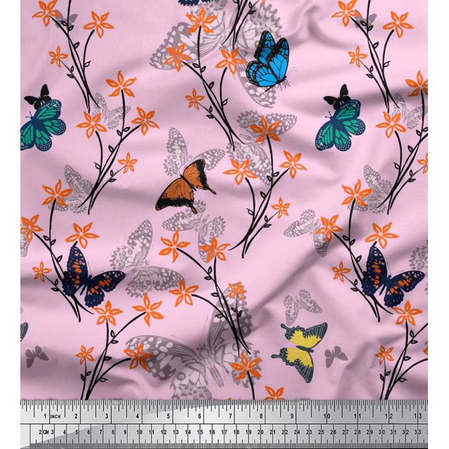 Soimoi Pink Rayon Fabric Flower & Butterfly Print Fabric by The Yard 42 Inch Wide