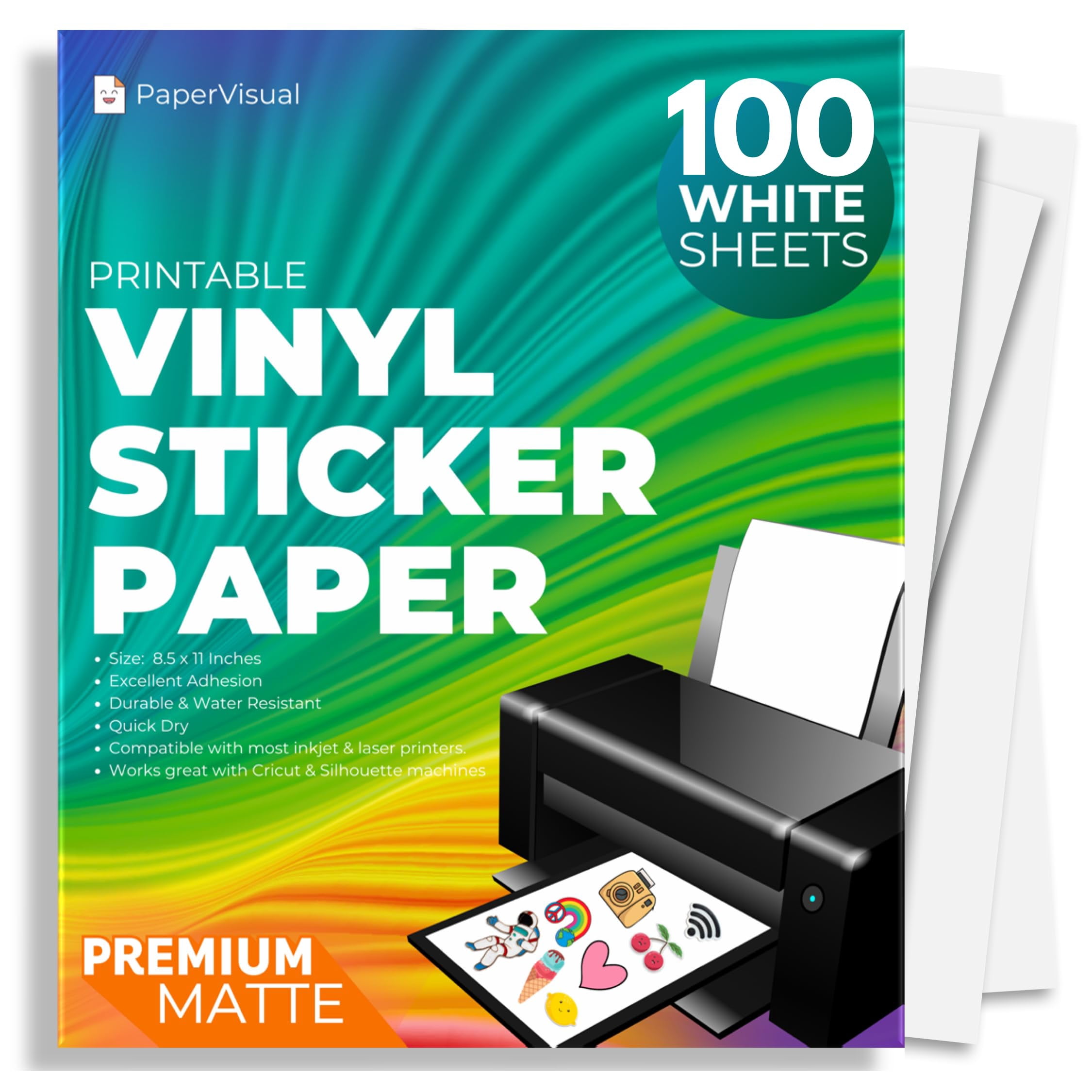 PaperVisual Matte Printable Vinyl Sticker Paper 100 Sheets - Waterproof White, Inkjet & Laser Printer, 8.5x11, Quick Dry, Tear Resistant, Compatible with Cricut & Silhou