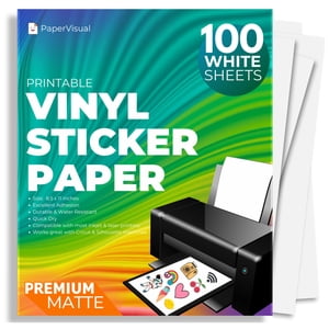 PaperVisual Sticker de vinyle imprimable Matte 100 Feuilles - Blanc imperméable, jet d'encre & Imprimante laser, 8.5x11, Rapide à sec, Résistant à la déchirure, Compatible avec Cricut & Silhou