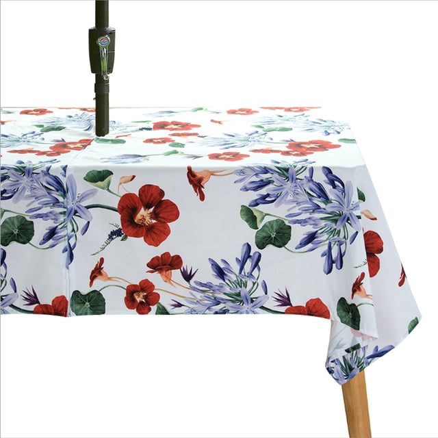 Nappe d'Extérieur à Imprimé Botanique, Résistante à l'Eau, Anti-Déversement, en Tissu Polyester, Housse de Table avec Trou pour Parasol à Fermeture Éclair pour Déco de Table de Patio et de Jardin