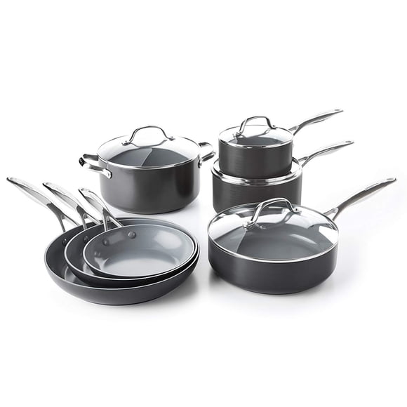 GreenPan Valencia Pro 11 Piece Hard Anodized Induction Safe Healthy Ceramic Nonstick Cookware Set, Gray