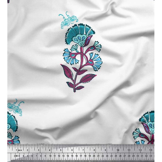 Soimoi Blue Cotton Poplin Fabric Insect,Leaves & Floral Block Decor Fabric Printed BTY 56 Inch Wide