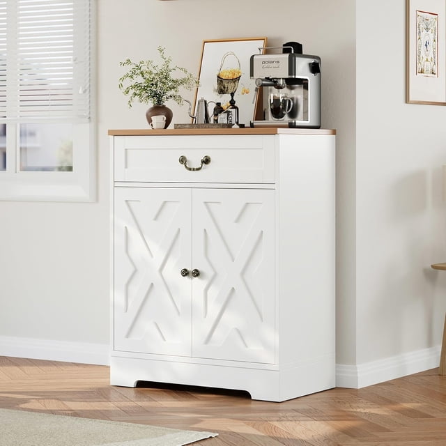 Bingirl 30 - Inch White Multi - Functional Farmhouse Buffet Sideboard Cabinet with 2 Doors, 1 Drawer & Adjustable Storage Shelves for Living & Dining Rooms