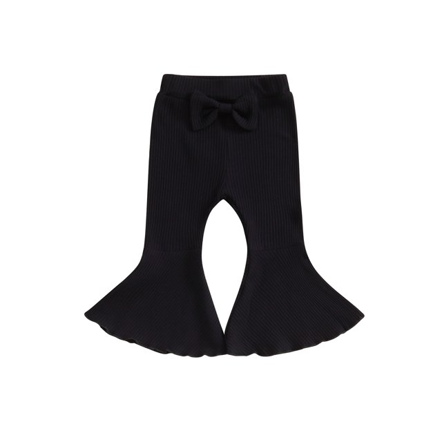 Kmbangi Kids Girl Flare Pants Solid Color Ribbed Elastic Bell Bottoms Trousers Bow Ruffle Pants for Toddler Baby