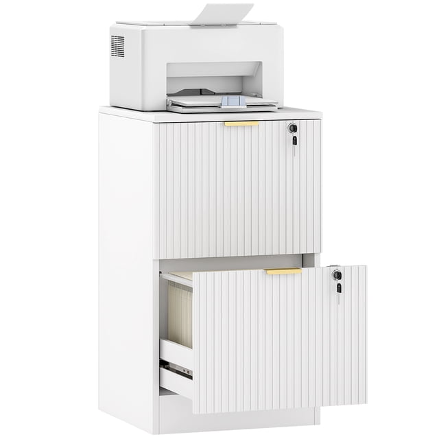HOMCOM Classeur Vertical à 2 Tiroirs Cannelés avec Serrure en Blanc. Ce Classeur compact Comprend Deux Tiroirs Verrouillables avec Façades Cannelées et Poignées Dorées, Convient aux Dossiers Format A4 Ou Lettre. Le Dessus Plat Sert Aussi de Support pour Imprimante, et l'Armoire Comprend des Trousses Anti-Basculement pour la Stabilité. Fabriqué en MDF, Mesure 15,7 Pouces de Large, 15,7 Pouces de Profondeur et 28 Pouces de Hauteur, avec une Capacité de Charge de 99 Lb.