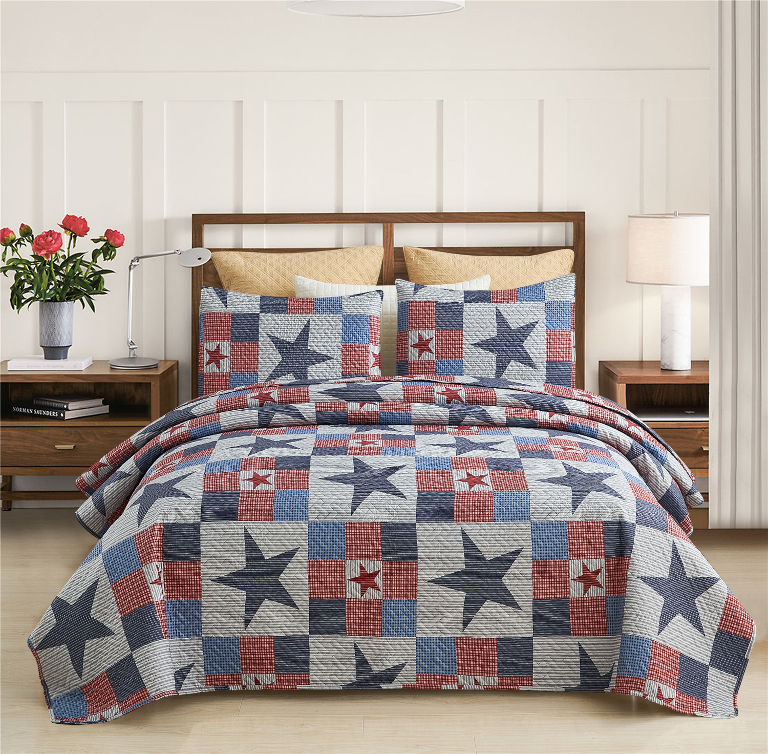 JML Quilt Set 3 Piece, Embossed Bedspread Bedding Set with 2 Shams, King, Navy & Red Stars