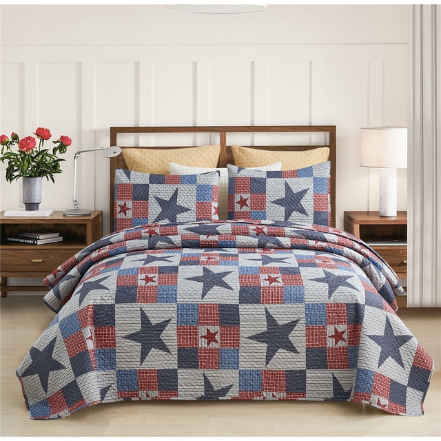 JML Quilt Set 3 Piece, Embossed Bedspread Bedding Set with 2 Shams, King, Navy & Red Stars