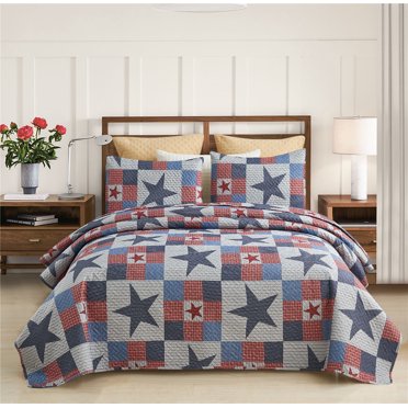 JML Ensemble de Courtepointe 3 Pcs, Ensemble de Literie Couvre-Lit Gaufré avec 2 Taies, Très Grand Lit, Étoiles Bleu Marine et Rouge
