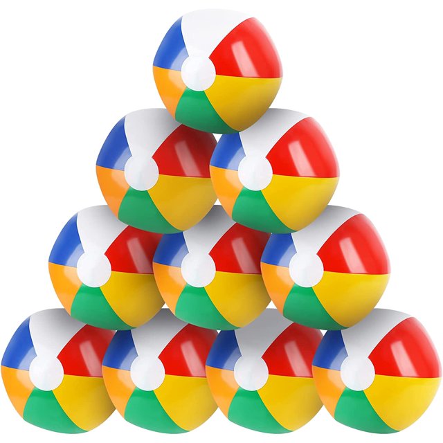 10 Packs 30 cm Diameter Water Balls Inflatable Bulk Coloured Set Beach Party Bag Toy. The image displays 10 inflatable beach balls stacked in a pyramid, each featuring vibrant rainbow colours with red, blue, yellow, green, and white panels. The balls measure 30 cm in diameter before inflation and 22-24 cm after inflation. Made from durable PVC material, these balls are ideal for summer-themed events like beach parties, pool parties, and Hawaiian luaus. Suitable for adults and children aged 36 months and older.