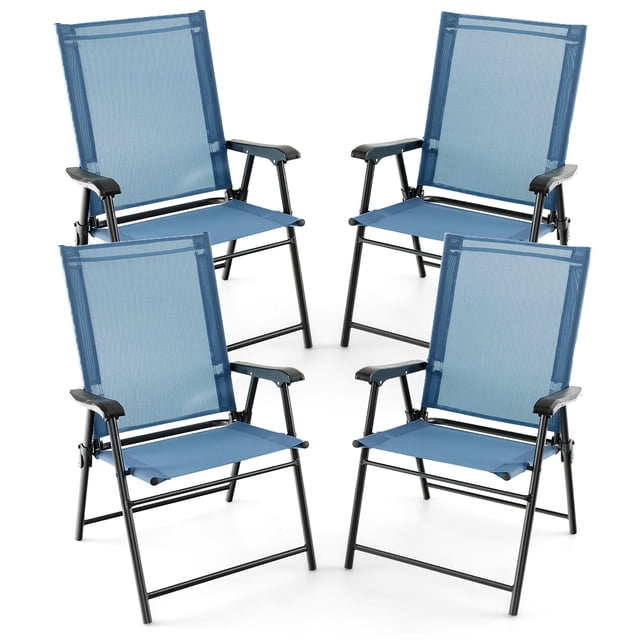 Costway Chaise de Patio 4 Pcs Pliable à Dossier en Toile, Accoudoirs Portatifs, Métal, Salle à Manger Extérieure Bleue. Ensemble de Quatre Chaises de Salle à Manger Pliantes pour l'Extérieur avec Tissu Sling Bleu Respirant et Cadres Métalliques Noirs Robustes. Chaque Chaise Présente des Accoudoirs Courbés, des Dossiers Inclinés et des Patins Antidérapants pour la Stabilité. Légères et Antirouille, Ces Chaises Sont Pliables pour un Rangement et une Portabilité Faciles. Idéal pour les porches, Terrasses, Jardins Ou Cours Arrière.