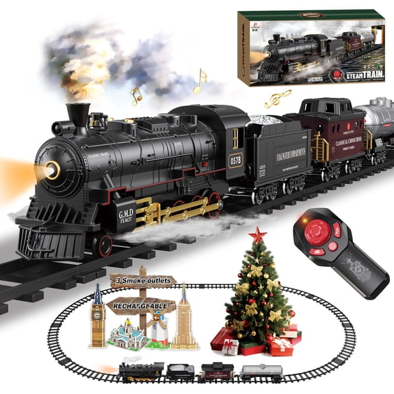 UFULMN Ensemble de Train Électrique Télécommandé Train de Noël Locomotive à Vapeur Voiture de Cargo et Voies Anniversaire pour Garçons Filles