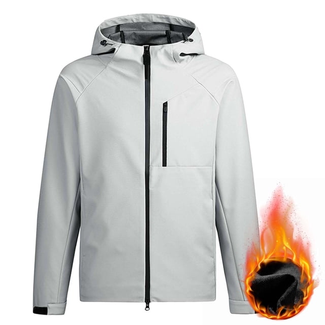 Men's Windproof and Waterproof Outdoor Jacket with Adding Fleece, Drawstring Hood, Zipper Pockets, Long Sleeves, for Hiking and Casual Wear in Cold Weather