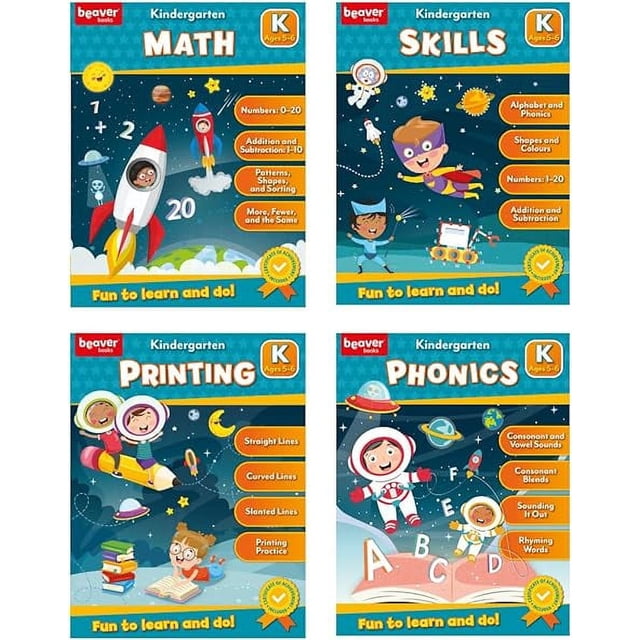 PAPP Kindergarten Learning Workbooks Bundle Series (Ages 5-6) featuring four colorful covers for Math, Printing, Phonics, and Skills. Each workbook includes engaging illustrations and topics such as numbers, addition, shapes, phonics, and writing basics. Designed for kids aged 5-6 to support early learning and development.