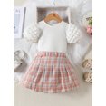 thumbnail image 2 of Honganda 1-6Y Toddler Girl Summer 2Pcs Outfit Solid Ribbed Bubble Short Sleeve Tops with Plaid Print A-Line Skirt Set, 2 of 9