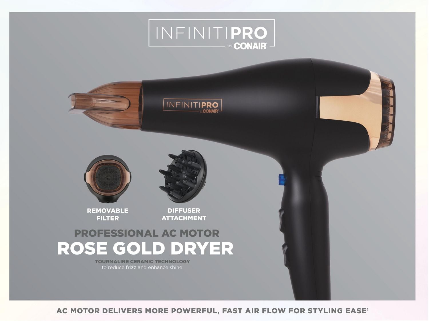 Inifintipro by Conair ® 1875 Watt Tourmaline Ceramic Professional AC Motor Rose Gold Dryer