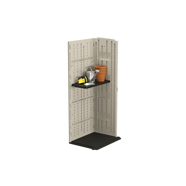 Suncast Vertical Shed Shelf Kit resin storage shelf in beige with a black shelf mounted on a vertical shed wall, holding a metal watering can, three terracotta pots, a yellow tape measure, and a gardening book, ideal for outdoor storage and shed organization to maximize space and access.