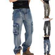 YOIAVAIOY Men's Casual Loose Pants Hip Hop Denim Work Pants Cargo Pockets Jeans Khaki 32
