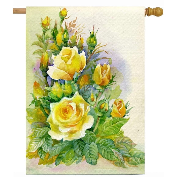 Pickako Retro Watercolor Painting of Summer Spring Floral Flowers Yellow Rose House Flag 28 x 40 Inch, Double Sided Large Garden Yard Welcome Flags Banners for Home Lawn Patio Outdoor Decor
