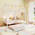 thumbnail image 2 of Gymax Twin Size House Bed with Trundle Wooden Platform Bed w/ Roof Chimney & Window White, 2 of 10