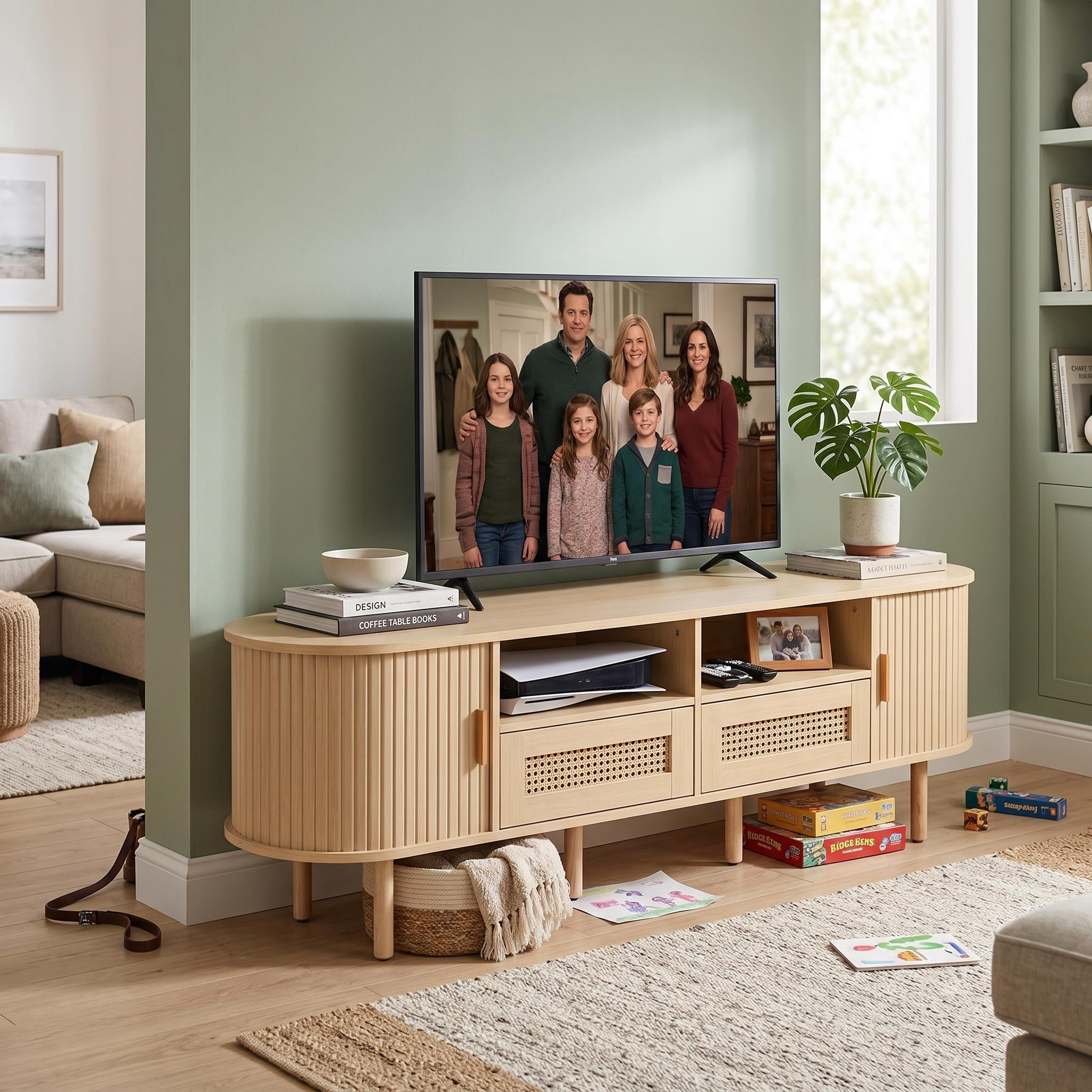 Homy Casa Meuble TV pour téléviseurs jusqu’à 65 po, console multimédia moderne de 64,9 po avec 2 tiroirs, 2 armoires et étagères ouvertes, chêne naturel