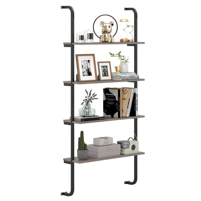Costway 1 PCS 4-Tier Wall-mounted Ladder Shelf Display Bookshelf with Heavy-duty Metal Frame, featuring a rustic gray oak woodgrain finish and matte black metal frame. This industrial chic shelf includes four open tiers with 12-inch spacing, perfect for displaying books, decor, and essentials. The space-saving wall-mounted design ensures stability and is ideal for living rooms, offices, and kitchens.