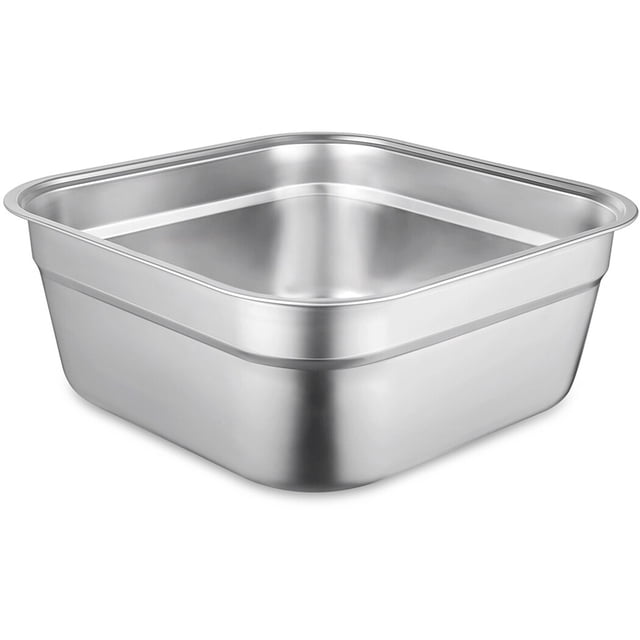Stainless Steel Washing Up Bowl, a large square dishpan with a silver finish, measuring 14.5×5.9 inches. Ideal for kitchen use, including washing dishes, vegetables, and fruits. Features a widened smooth edge for comfortable handling, a flat bottom for stability, and durable stainless steel material resistant to rust and wear. Suitable for home and garden tasks.