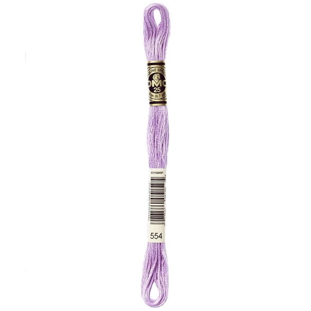 DMC Purple Cotton 6 Strand Floss 8m showing a skein of light purple 100% long staple Egyptian cotton embroidery thread with six easily separated strands, wrapped with a black and gold DMC 25 label and a white barcode label numbered 554, suitable for cross-stitch, embroidery, and scrapbooking.