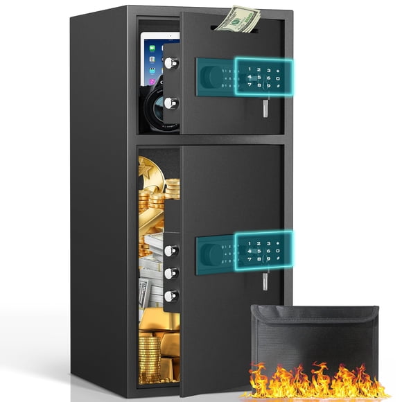 Coffre-Fort Extra Grand de 6,5 Pi3 Ignifuge et Étanche, Coffre Domestique avec Sac Ignifuge et Étanche et Fente pour Déposer, Coffre à Argent avec Clavier Tactile Rétroéclairé, Coffre Antichute pour Entreprise et Maison