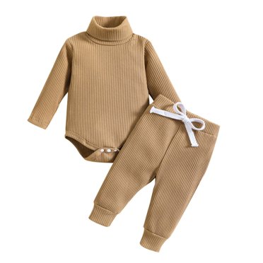 Tenues de Voyage pour Filles Tout-Petits Enfants Garçons Filles Mode Mignon Couleur Unie Manches Longues Haut Col Haut Combinaison Pantalon Ensemble Nouveau Ensemble Assorti Décontracté Kaki 3 Mois