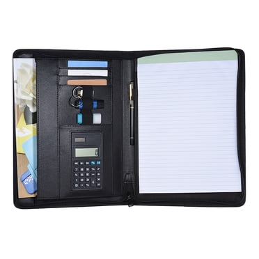 Multifunctional Professional Business Portfolio Padfolio Folder Document Case Organizer A4 PU Leather Zippered Closure with Calculator Card Holder Memo Note Writing Pad