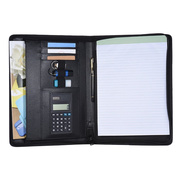 Multifunctional Professional Business Portfolio Padfolio Folder Document Case Organizer A4 PU Leather Zippered Closure with Calculator Card Holder Memo Note Writing Pad