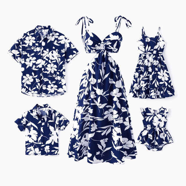 PatPat Ensemble Assorti pour la Famille, Chemise Bleue à Manches Courtes à Imprimé de Feuilles Ou Robe à Bretelles avec Dos Smocké