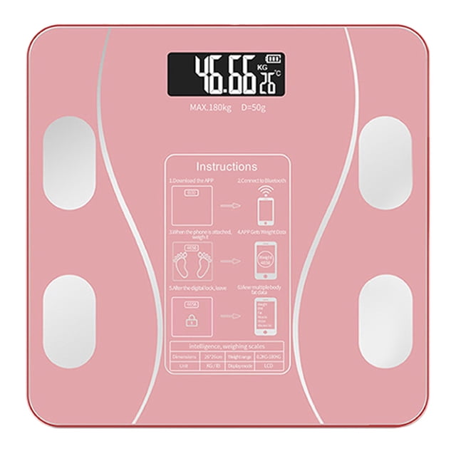Smart Bluetooth Body Composition Scale in pink with a sleek fiberglass design, featuring a large LED display showing weight in kilograms and temperature. The scale measures 26x26x3cm and includes four metal sensors for accurate readings. It connects to a mobile app via Bluetooth to track 13+ metrics, including weight and body fat percentage. The package includes a USB charging cable and a user manual.