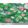 thumbnail image 2 of Soimoi Green Moss Georgette Fabric Yacht & Lotus Flower Decor Fabric Printed BTY 42 Inch Wide, 2 of 3